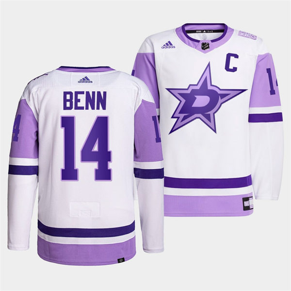  Men's Dallas Stars #14 Jamie Benn 2021-22 White Purple Hockey Fights Cancer Primegreen Jersey 