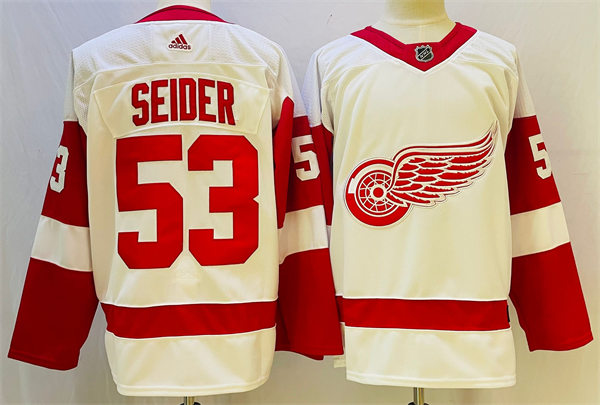  Men's Detroit Red Wings #53 Moritz Seider Adidas White Away Jersey 