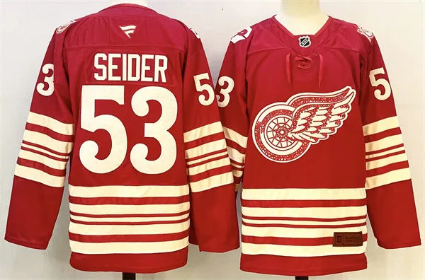  Men's Detroit Red Wings #53 Moritz Seider Red Heritage-Rich Centennial Premium Jersey 