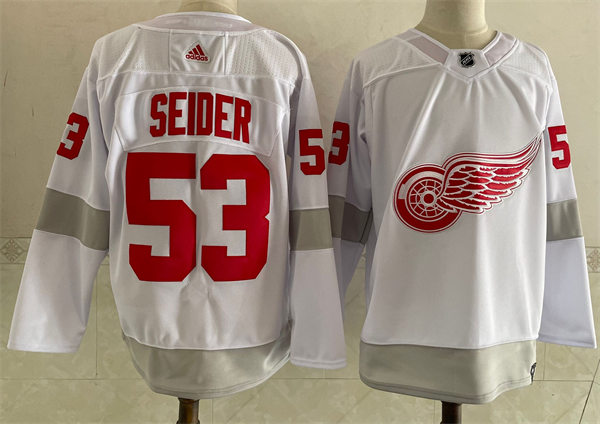  Men's Detroit Red Wings #53 Moritz Seider adidas White 2021 Reverse Retro Jersey 