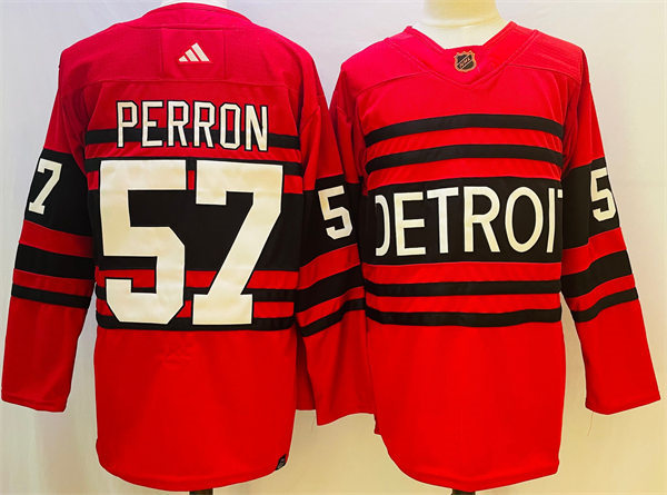  Men's Detroit Red Wings #57 David Perron Red 2022 Reverse Retro Primegreen Jersey 