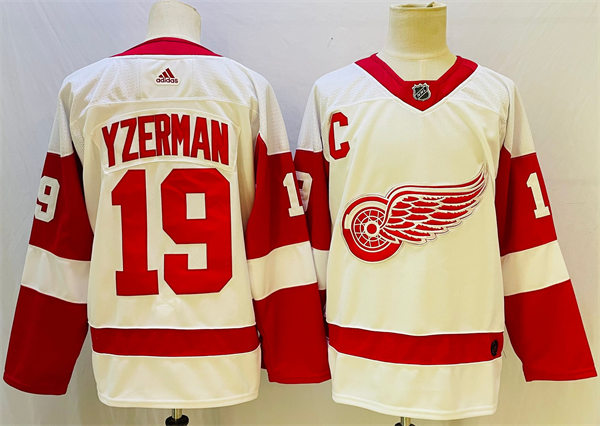  Men's Detroit Red Wings Retired Player #19 Steve Yzerman Adidas White Away Jersey 