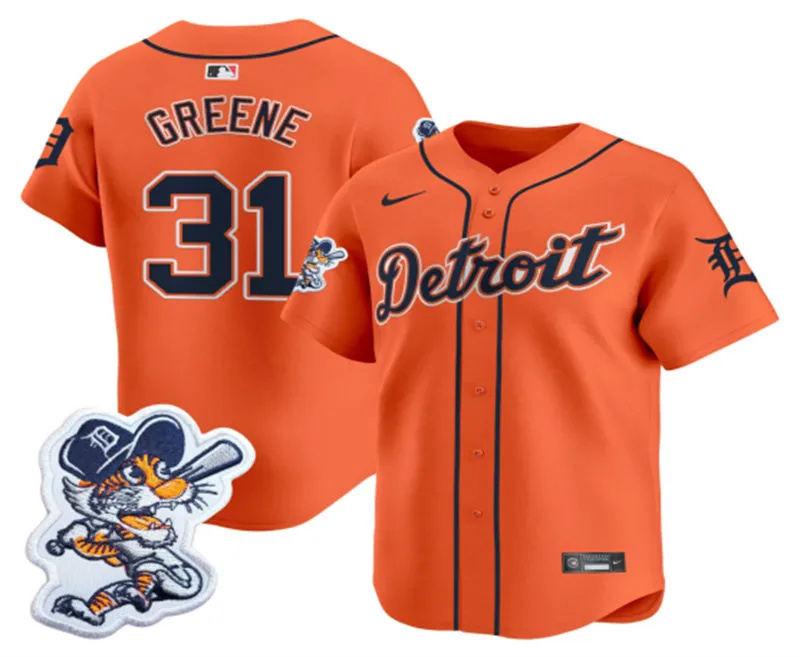  Men's Detroit Tigers #31 Riley Greene Orange Paws Patch Limited Jersey 
