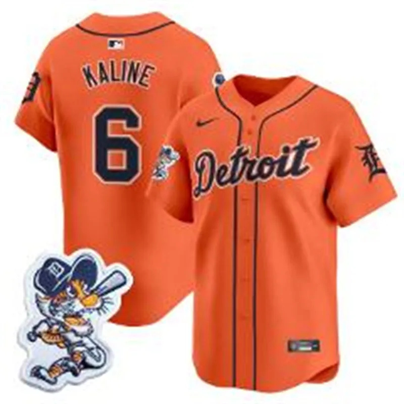  Men's Detroit Tigers Retired Player #6 Al Kaline Orange Paws Patch Limited Jersey 