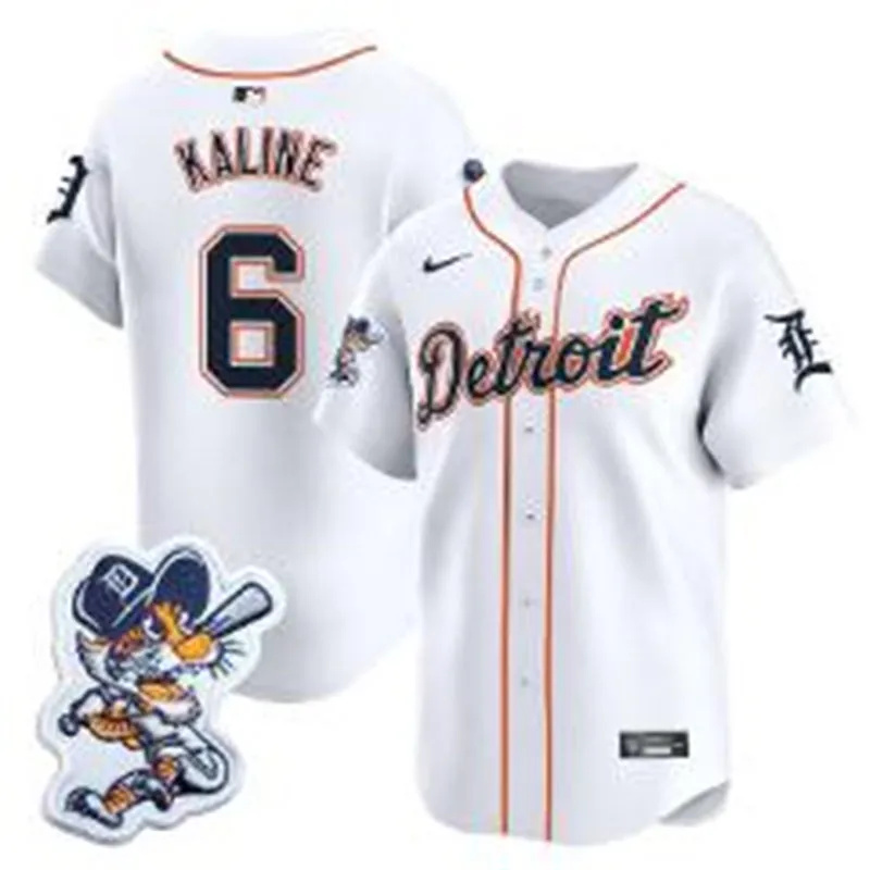  Men's Detroit Tigers Retired Player #6 Al Kaline White Paws Patch Limited Jersey 