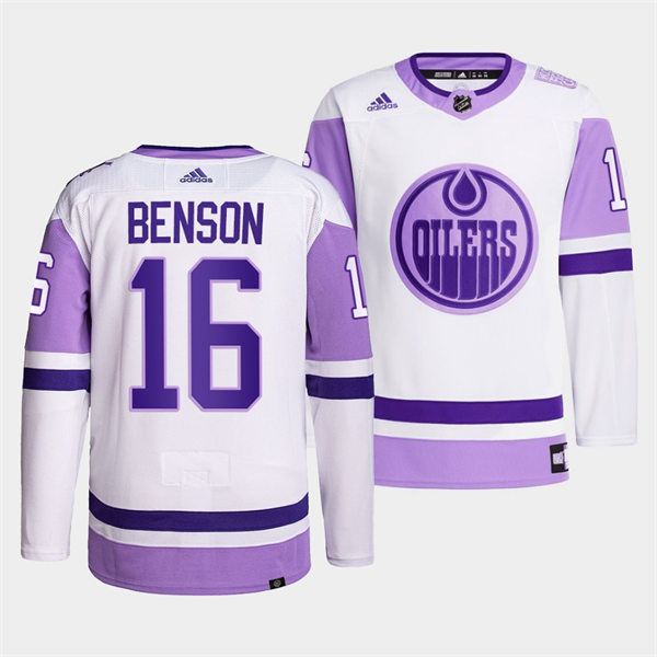  Men's Edmonton Oilers #16 Derick Brassard 2021-22 White Purple Hockey Fights Cancer Primegreen Jersey 