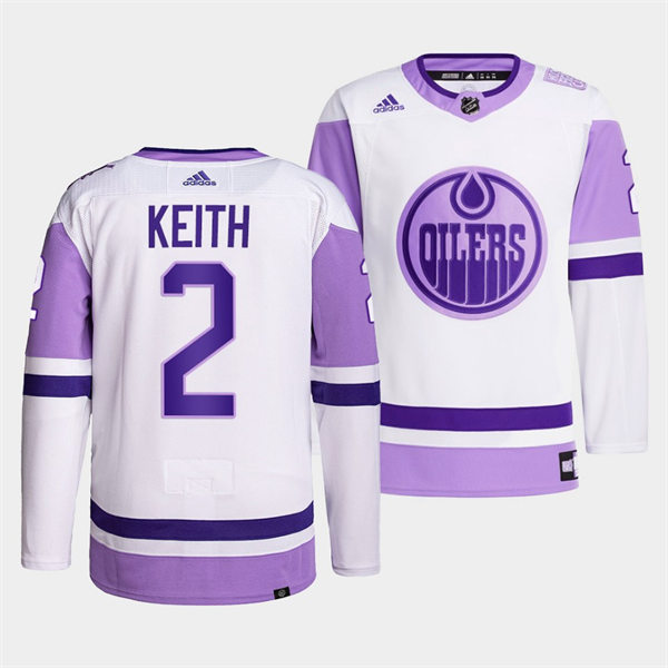  Men's Edmonton Oilers #2 Duncan Keith 2021-22 White Purple Hockey Fights Cancer Primegreen Jersey 