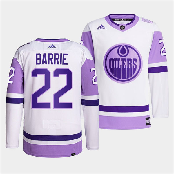  Men's Edmonton Oilers #22 Tyson Barrie 2021-22 White Purple Hockey Fights Cancer Primegreen Jersey 