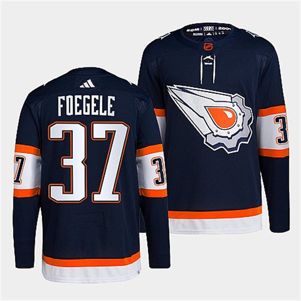  Men's Edmonton Oilers #37 Warren Foegele Navy 2022 Reverse Retro Primegreen Jersey 