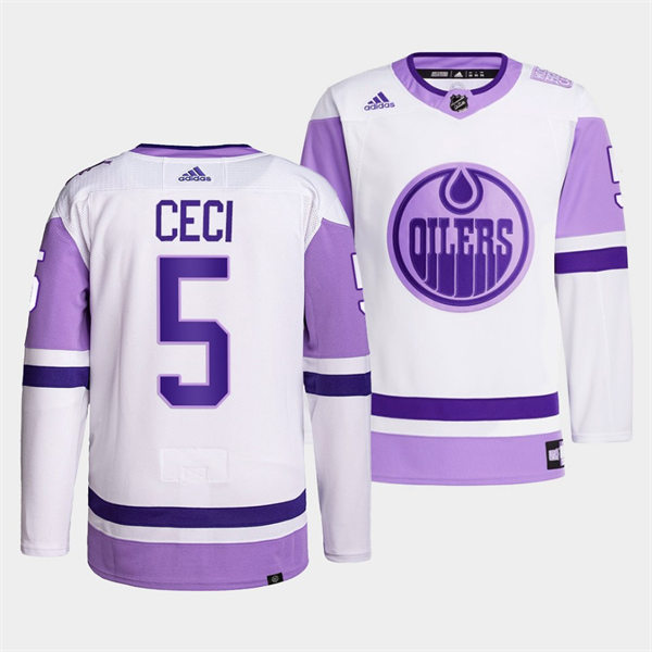  Men's Edmonton Oilers #5 Cody Ceci 2021-22 White Purple Hockey Fights Cancer Primegreen Jersey 