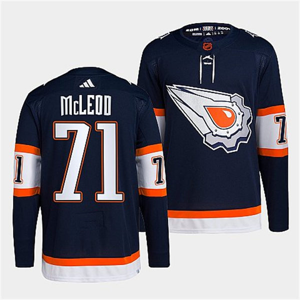  Men's Edmonton Oilers #71 Ryan McLeod Navy 2022 Reverse Retro Primegreen Jersey 