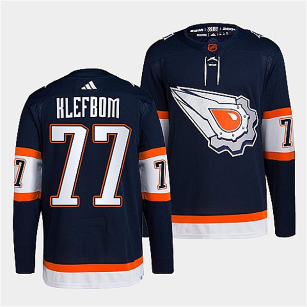  Men's Edmonton Oilers #77 Oscar Klefbom Navy 2022 Reverse Retro Primegreen Jersey 