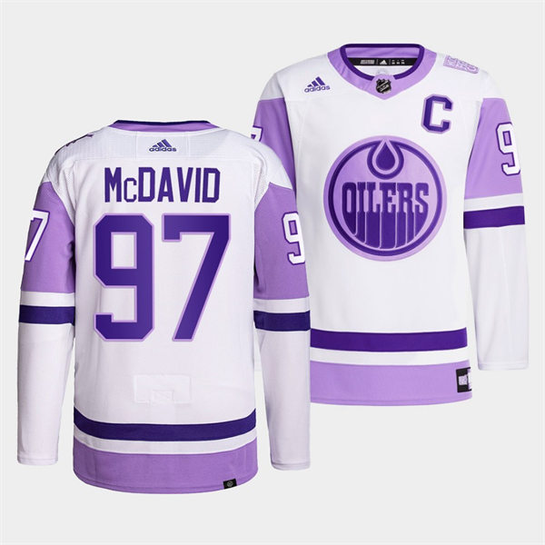  Men's Edmonton Oilers #97 Connor McDavid 2021-22 White Purple Hockey Fights Cancer Primegreen Jersey 