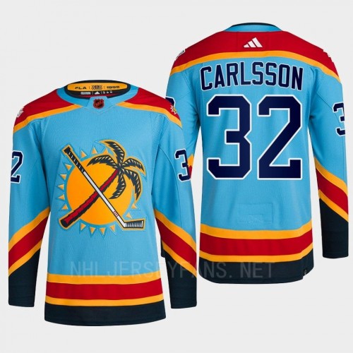  Men's Florida Panthers #32 Lucas Carlsson Light blue 2022 Reverse Retro Primegreen Jersey 
