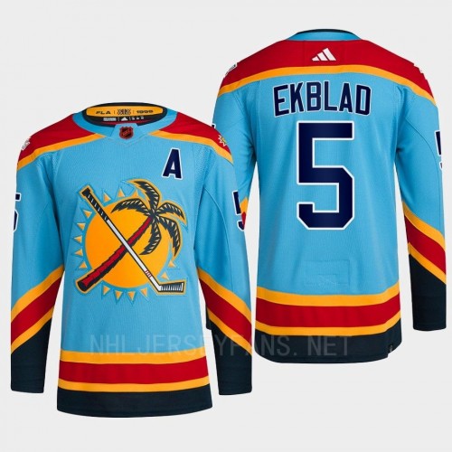  Men's Florida Panthers #5 Aaron Ekblad Light blue 2022 Reverse Retro Primegreen Jersey 