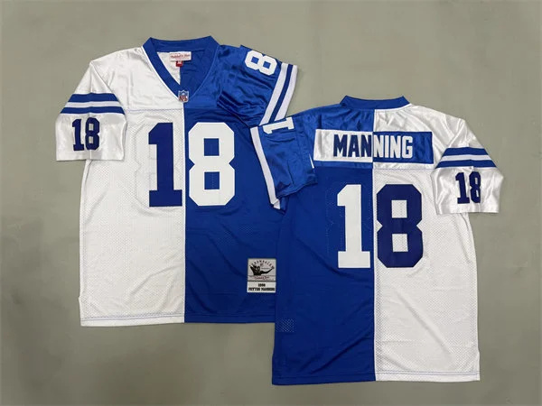  Men's Indianapolis Colts #18 Peyton Manning White Royal Split Two Tone Throwback Jersey 
