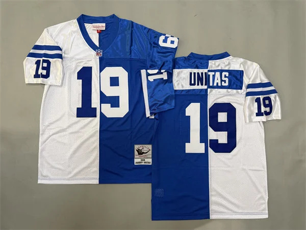  Men's Indianapolis Colts #19 Johnny Unitas White Royal Split Two Tone Throwback Jersey 
