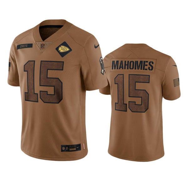  Men's Kansas City Chiefs #15 Patrick Mahomes Brown 2023 Salute To Service Limited Jersey 