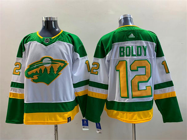  Men's Minnesota Wild #12 Matthew Boldy Adidas 2021 White Reverse Retro Jersey 