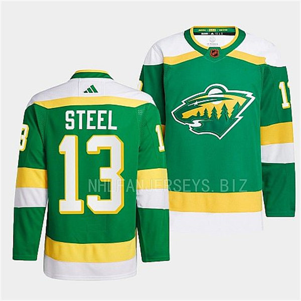  Men's Minnesota Wild #13 Sam Steel Green 2022 Reverse Retro Primegreen Jersey 
