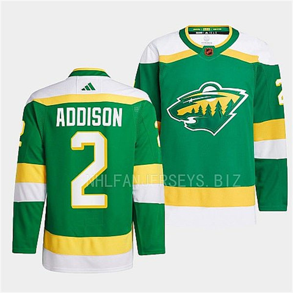  Men's Minnesota Wild #2 Calen Addison Green 2022 Reverse Retro Primegreen Jersey 