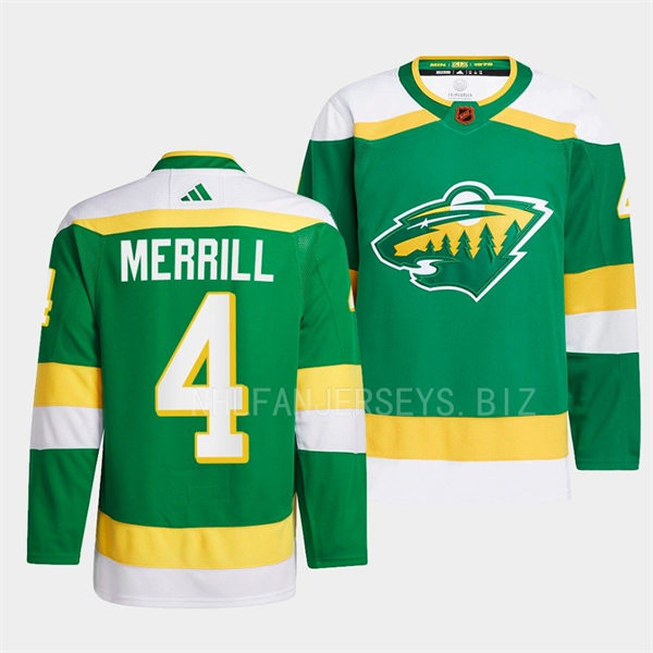 Men's Minnesota Wild #4 Jon Merrill Green 2022 Reverse Retro Primegreen Jersey 