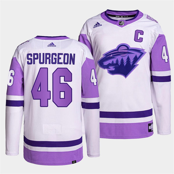  Men's Minnesota Wild #46 Jared Spurgeon 2021-22 White Purple Hockey Fights Cancer Primegreen Jersey 