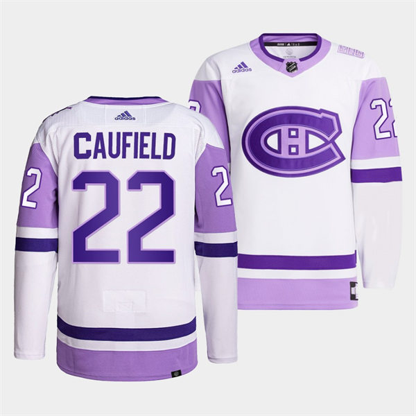  Men's Montreal Canadiens #22 Cole Caufield 2021-22 White Purple Hockey Fights Cancer Primegreen Jersey 