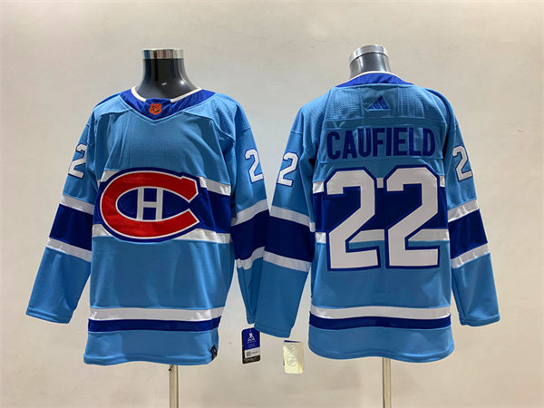  Men's Montreal Canadiens #22 Cole Caufield Blue 2022 Reverse Retro Primegreen Jersey 