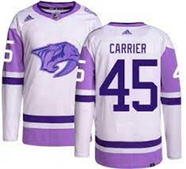  Men's Nashville Predators #45 Alexandre Carrier White Purple Hockey Fights Cancer Primegreen Jersey 