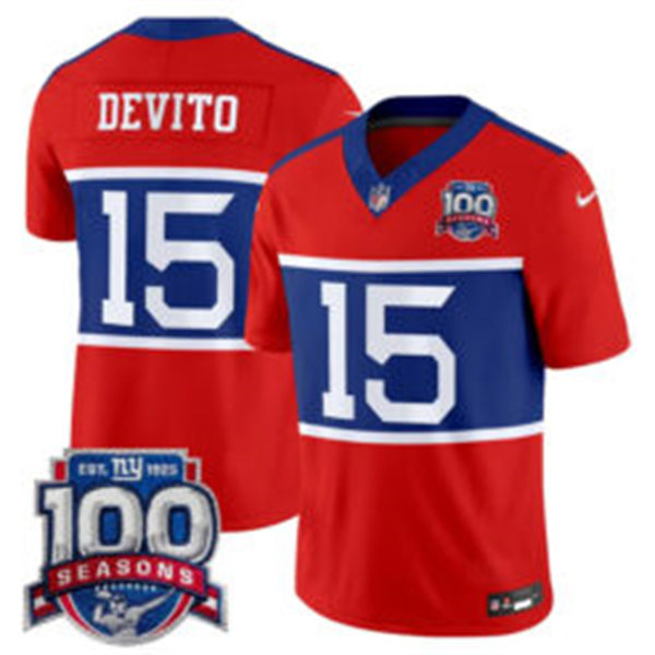  Men's New York Giants #15 Tommy DeVito Century Red 100TH Season Commemorative Jersey 