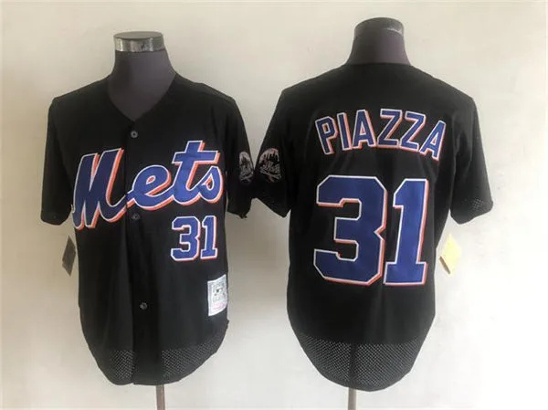  Men's New York Mets #31 Mike Piazza Mitchell & Ness Black Cooperstown Collection Mesh Batting Practice Jersey 