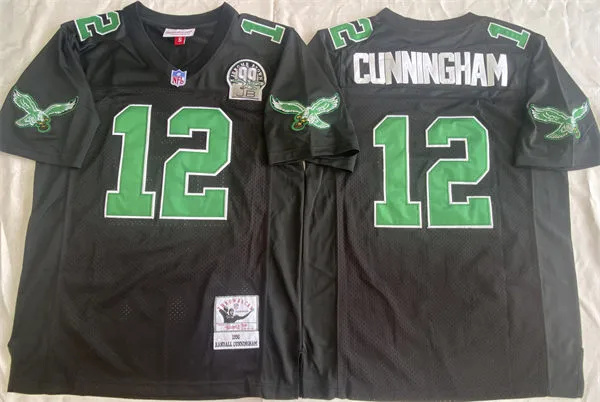  Men's Philadelphia Eagles #12 Randall Cunningham 1990 Black Throwback 99 Honor Patch Jersey 