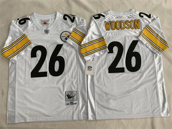  Men's Pittsburgh Steelers #26 Rod Woodson 1994 Road White Circular Number Throwback Jersey 