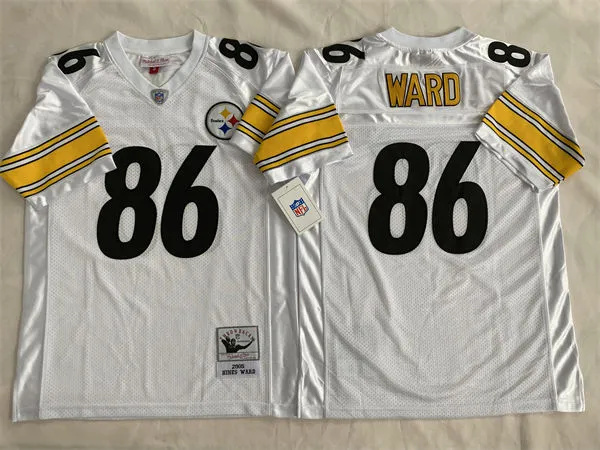  Men's Pittsburgh Steelers #86 Hines Ward 2005 Road White Circular Number Throwback Jersey 
