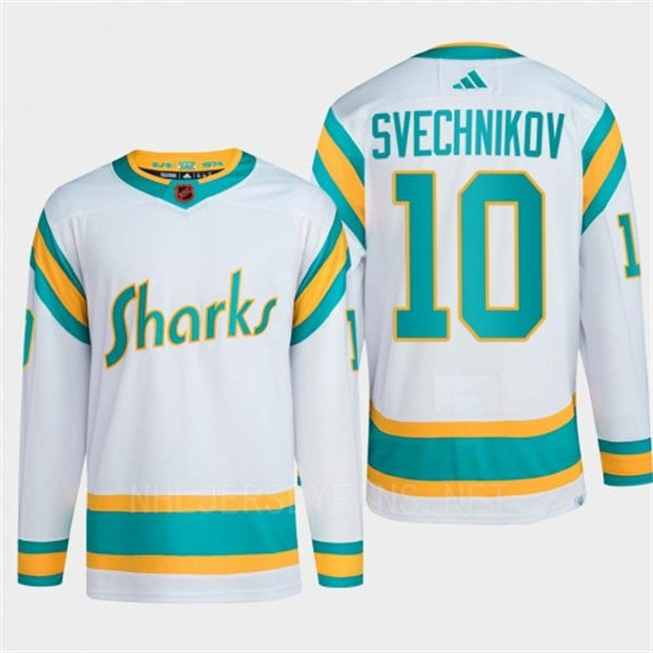 Men's San Jose Sharks #10 Evgeny Svechnikov White 2022 Reverse Retro Primegreen Jersey 