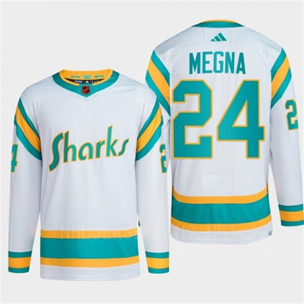  Men's San Jose Sharks #24 Jaycob Megna White 2022 Reverse Retro Primegreen Jersey 