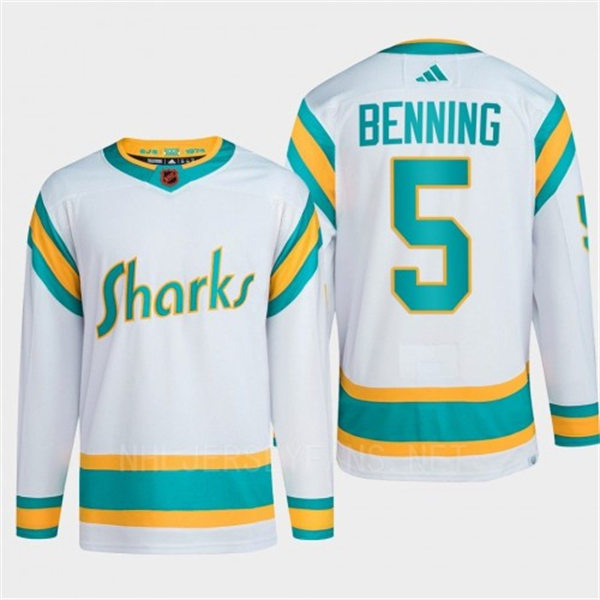  Men's San Jose Sharks #5 Matt Benning White 2022 Reverse Retro Primegreen Jersey 