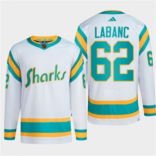  Men's San Jose Sharks #62 Kevin Labanc White 2022 Reverse Retro Primegreen Jersey 
