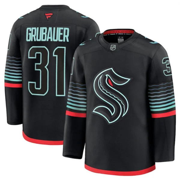  Men's Seattle Kraken #31 Philipp Grubauer Black Alternate Glow-In-The-Dark Premium Jersey 