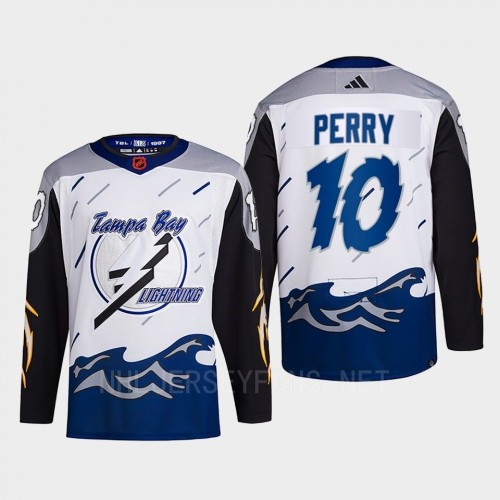  Men's Tampa Bay Lightning #10 Corey Perry White Blue 2022 Reverse Retro Primegreen Jersey 