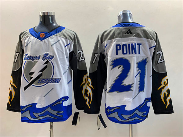  Men's Tampa Bay Lightning #21 Brayden Point White Blue 2022 Reverse Retro Primegreen Jersey 