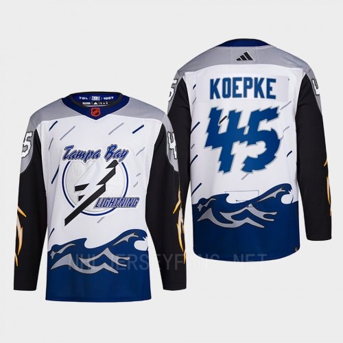  Men's Tampa Bay Lightning #45 Cole Koepke White Blue 2022 Reverse Retro Primegreen Jersey 