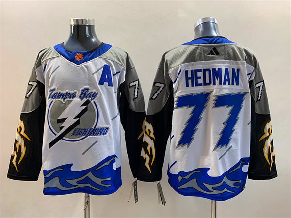  Men's Tampa Bay Lightning #77 Victor Hedman White Blue 2022 Reverse Retro Primegreen Jersey 