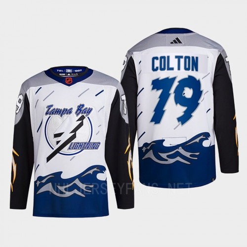  Men's Tampa Bay Lightning #79 Ross Colton White Blue 2022 Reverse Retro Primegreen Jersey 