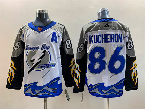  Men's Tampa Bay Lightning #86 Nikita Kucherov White Blue 2022 Reverse Retro Primegreen Jersey 