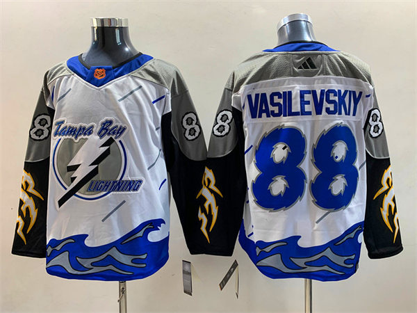  Men's Tampa Bay Lightning #88 Andrei Vasilevskiy White Blue 2022 Reverse Retro Primegreen Jersey 