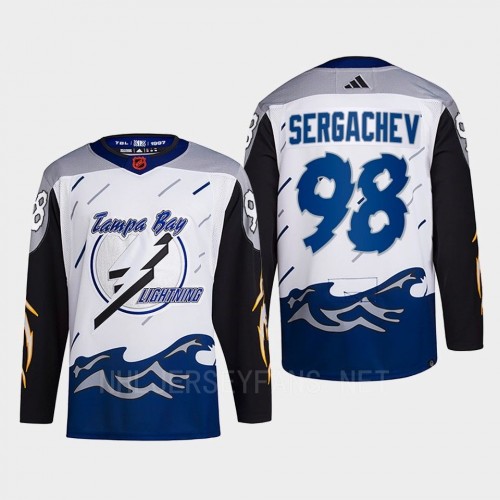  Men's Tampa Bay Lightning #98 Mikhail Sergachev White Blue 2022 Reverse Retro Primegreen Jersey 