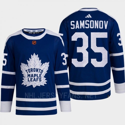  Men's Toronto Maple Leafs #35 Ilya Samsonov Blue 2022 Reverse Retro Primegreen Jersey 