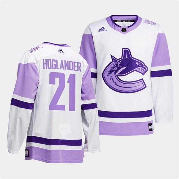  Men's Vancouver Canucks #21 Nils Hoglander 2021-22 White Purple Hockey Fights Cancer Primegreen Jersey 